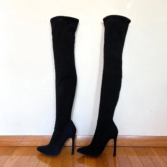ZARA BLACK MICROSUEDE THIGH-HIGH BOOTS STILETTO HEELS 39 8 US - Picture 3 of 6